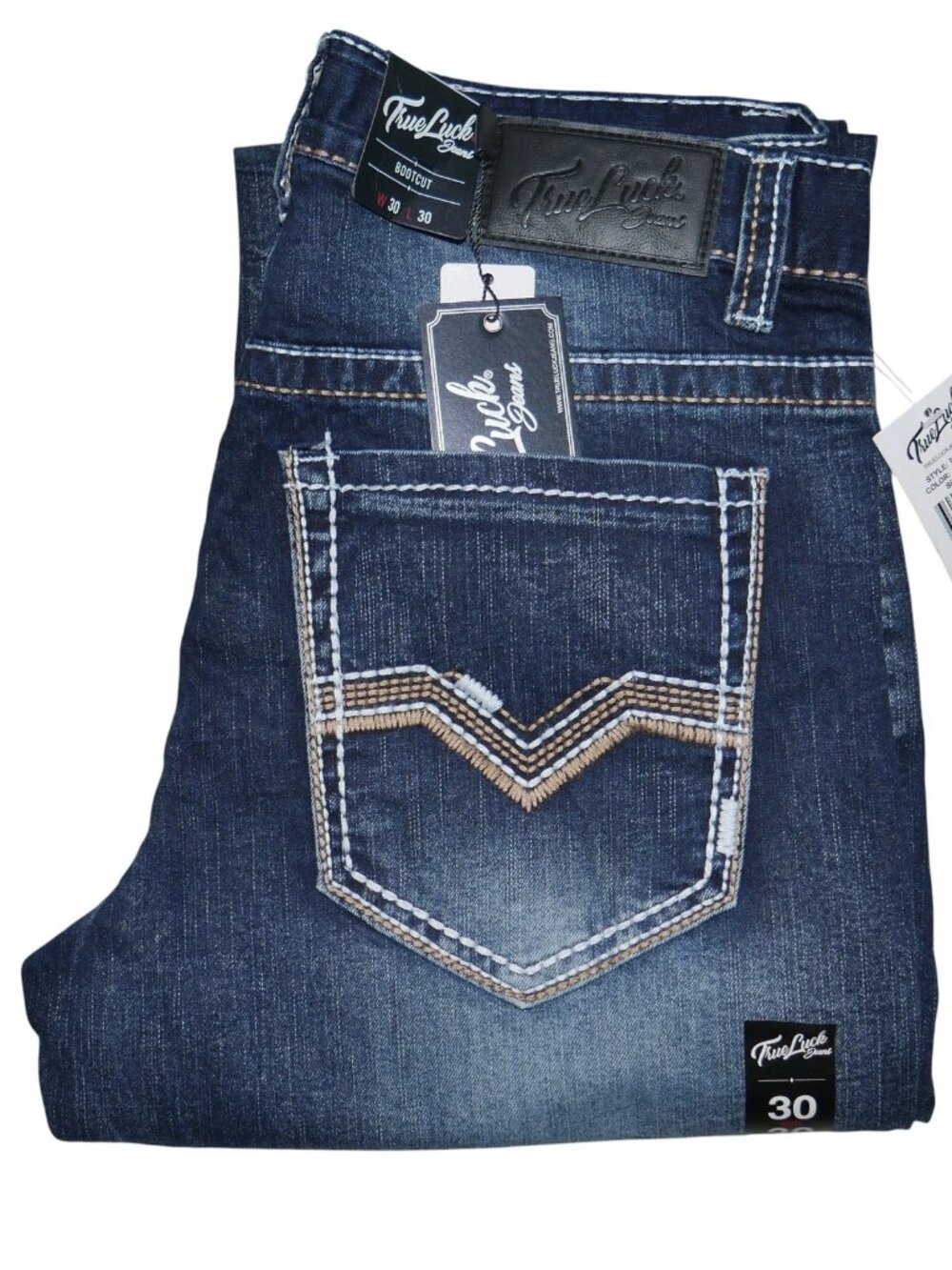 True Luck Men's Bootcut Jeans Size 30x30 Embroidered Pockets Dark Wash BKE